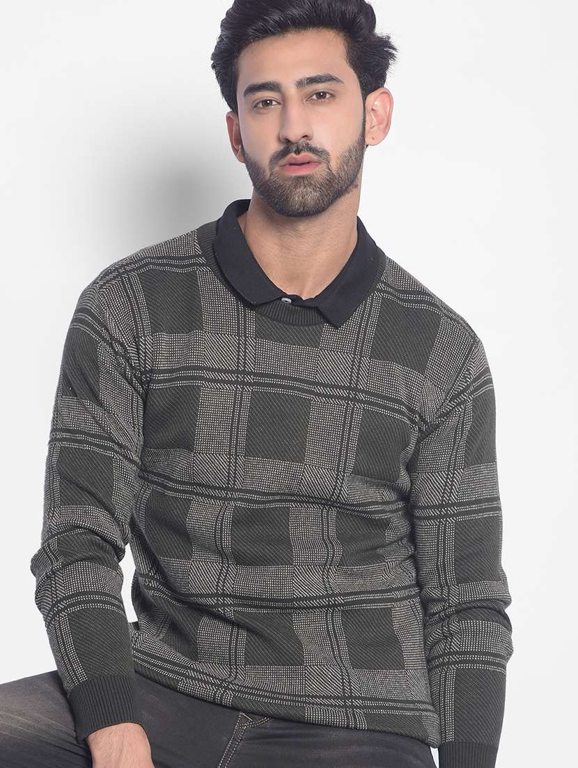 men grey checkered cotton pullover - 20449325 -  Standard Image - 1