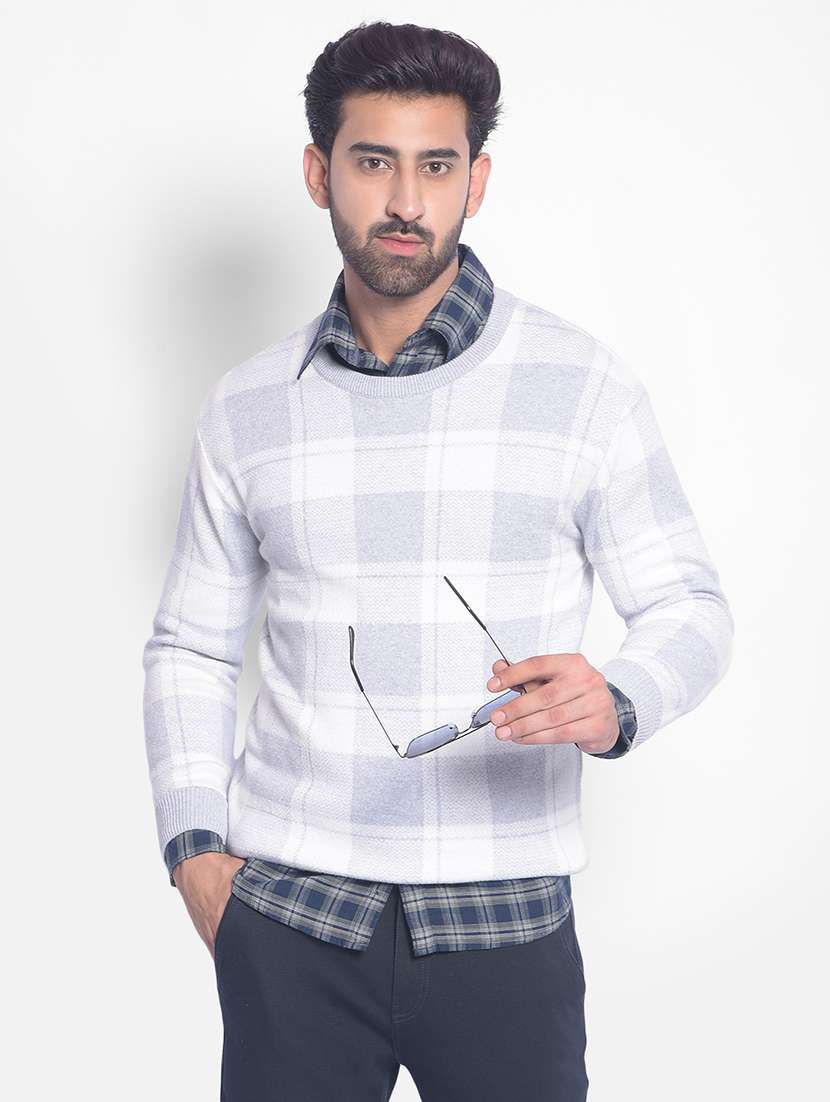 men checkered white cotton pullover