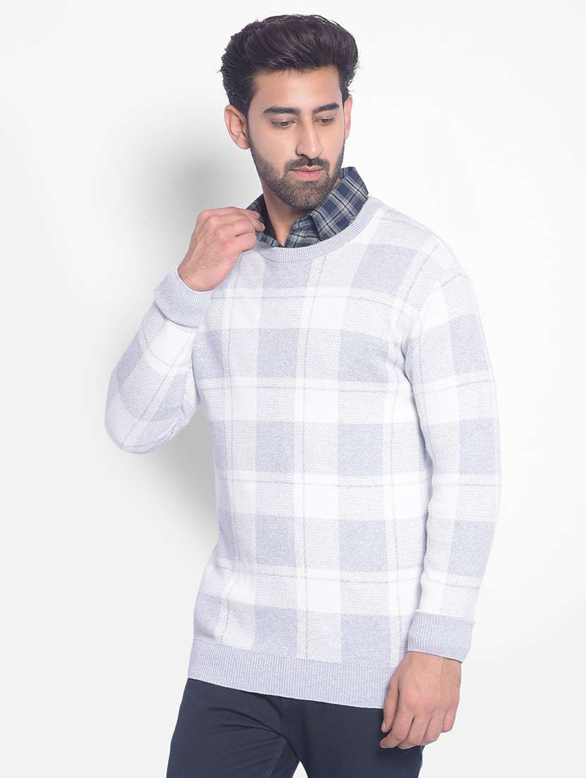 men checkered white cotton pullover - 20449327 -  Standard Image - 1