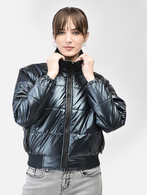 women navy blue polyester bomber jacket - 20449372 - Standard Image - 0