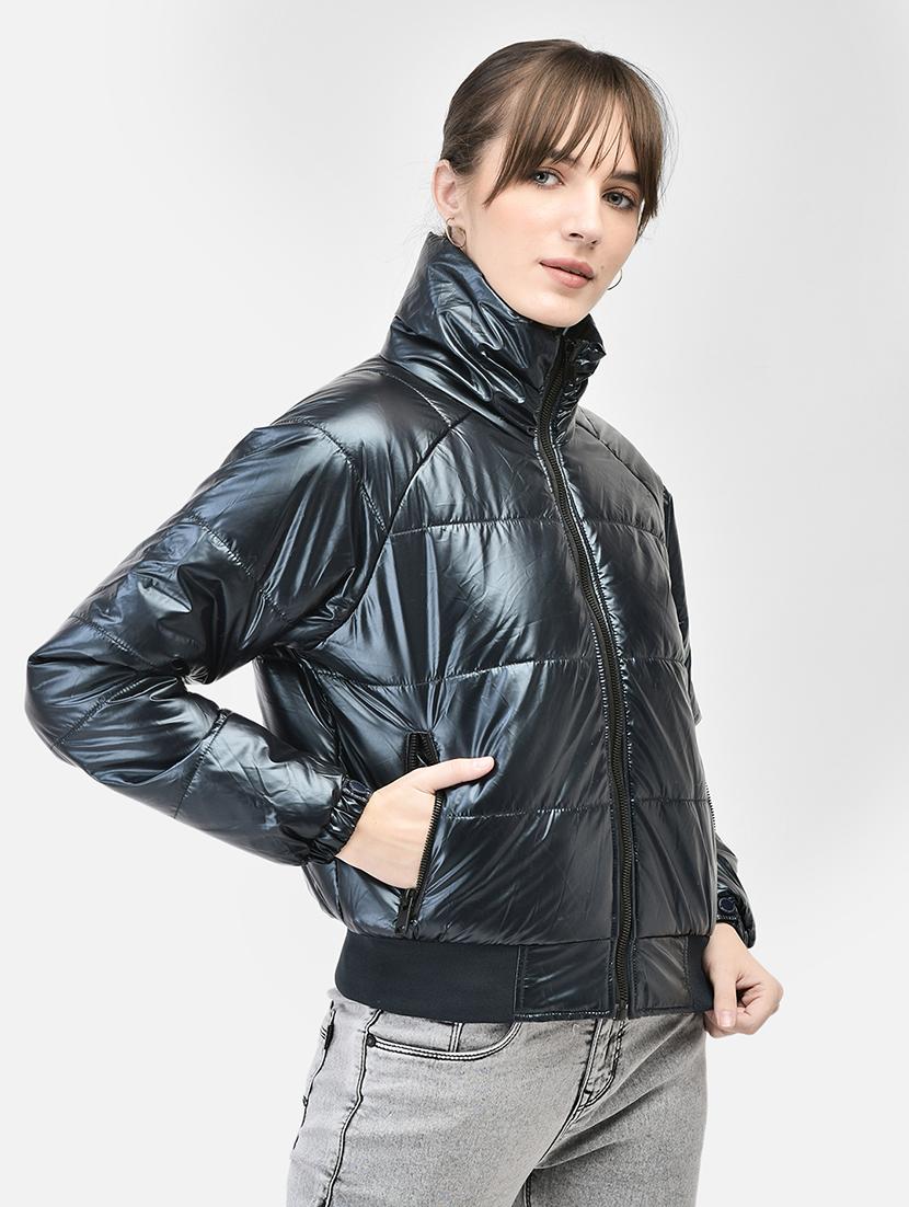 women navy blue polyester bomber jacket - 20449372 - Standard Image - 1