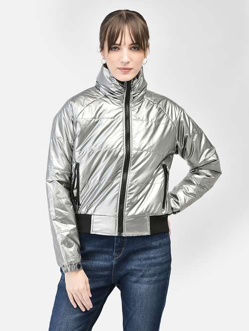 women silver grey polyester bomber/biker jacket - 20449373 -  Standard Image - 0