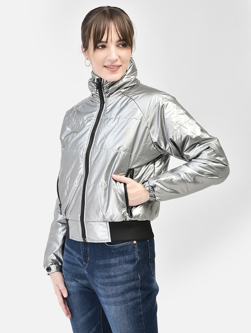 women silver grey polyester bomber/biker jacket - 20449373 - Standard Image - 1