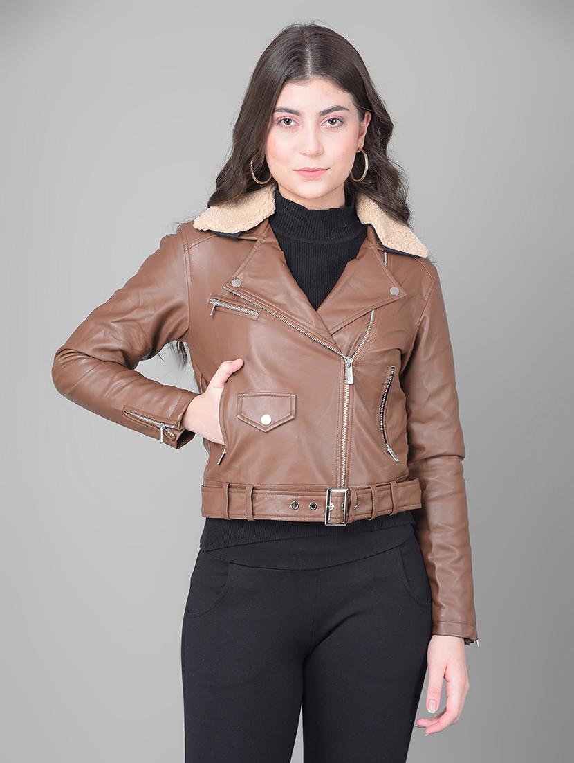 women brown poly blend regular jacket - 20449387 -  Zoom Image - 0