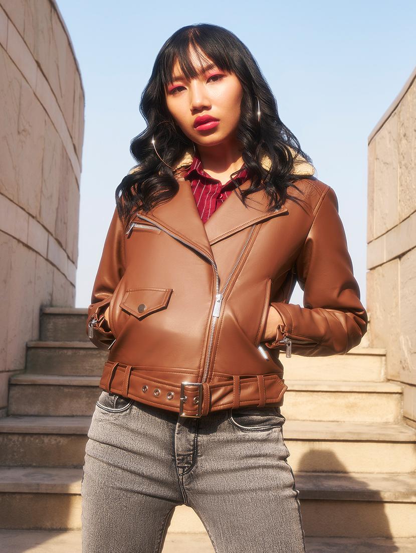 women brown poly blend regular jacket - 20449387 - Standard Image - 1
