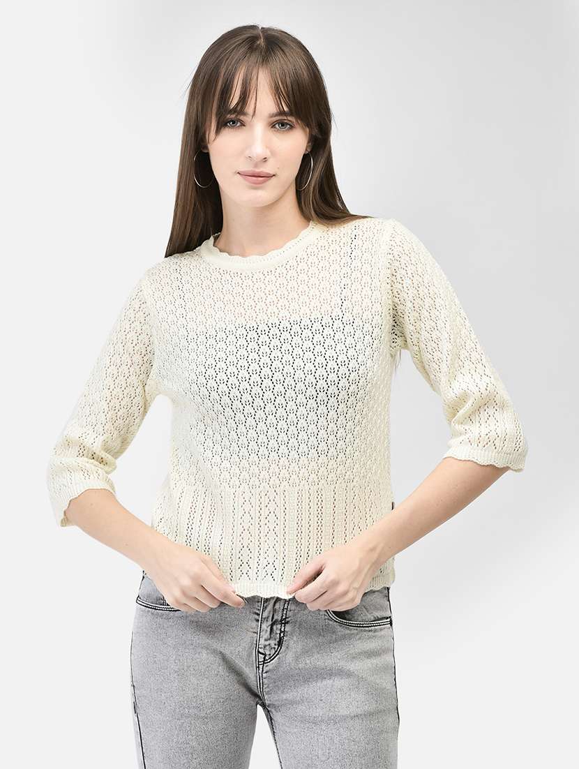 women self designed beige schiffli acrylic pullover
