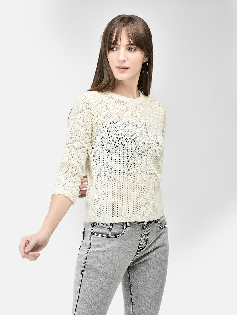 women self designed beige schiffli acrylic pullover - 20449421 - Standard Image - 1