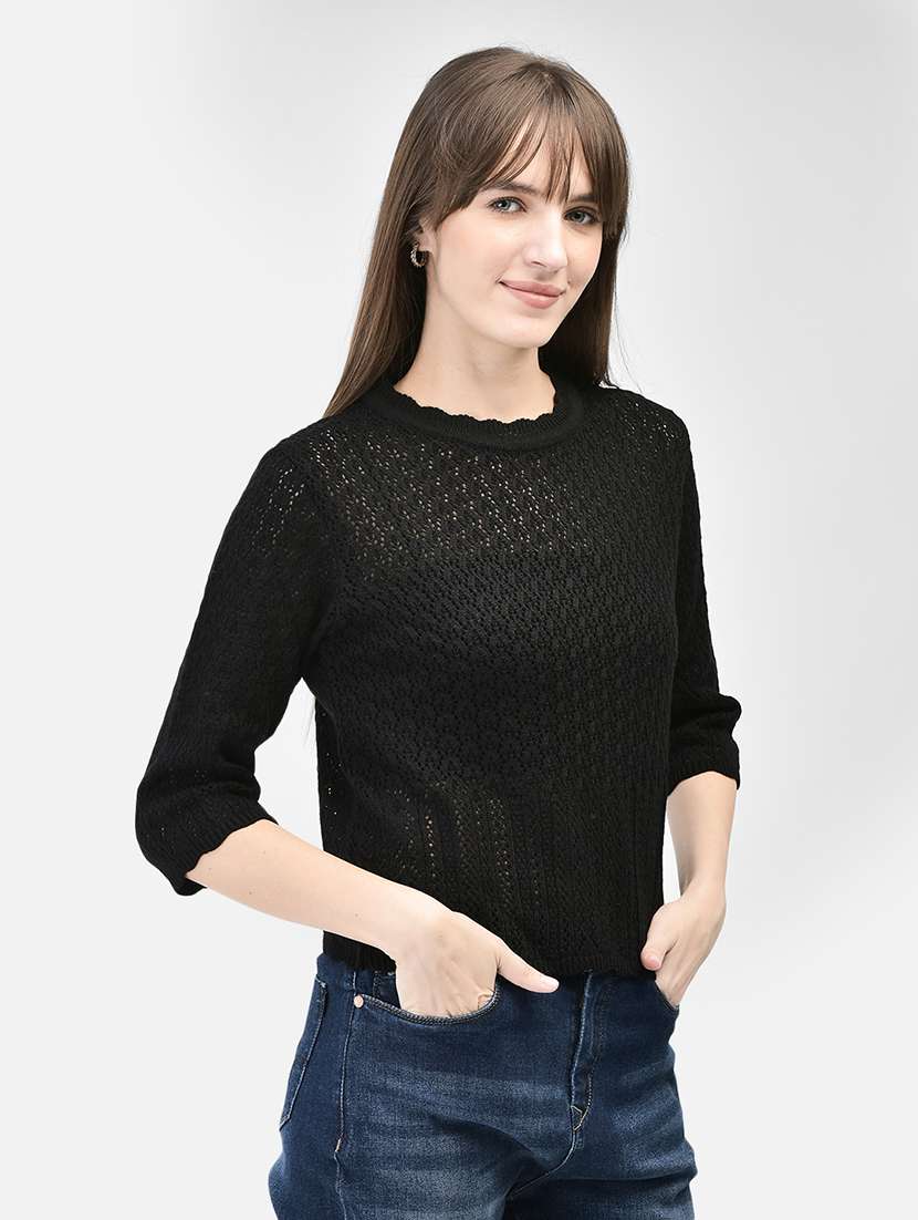 women self designed black schiffli acrylic pullover - 20449422 -  Standard Image - 1