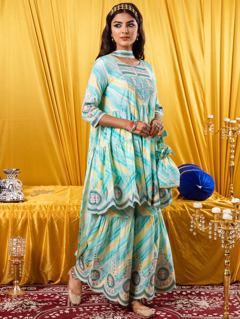 women blue round neck kurta sharara set with dupatta - 20449704 - Standard Image - 1