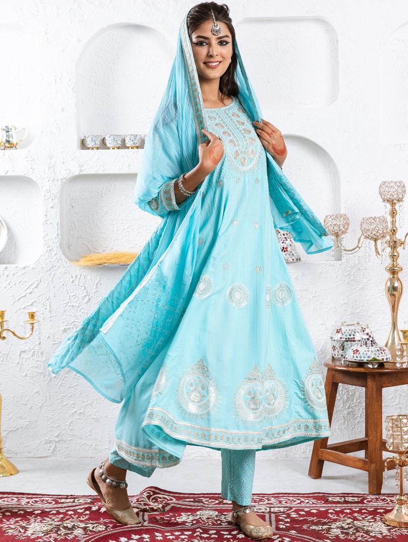 women light blue round neck kurta palazzo set with dupatta - 20449720 - Standard Image - 1