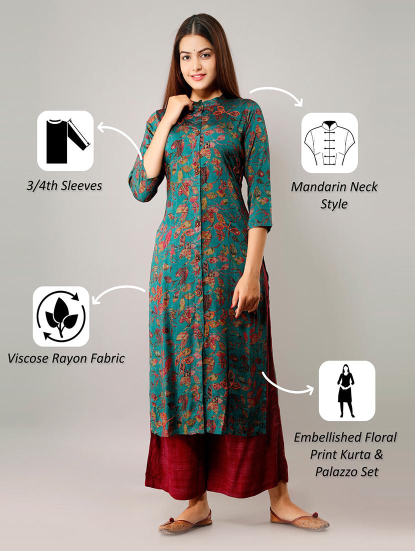 teal printed kurta palazzo set - 20449774 - Standard Image - 1