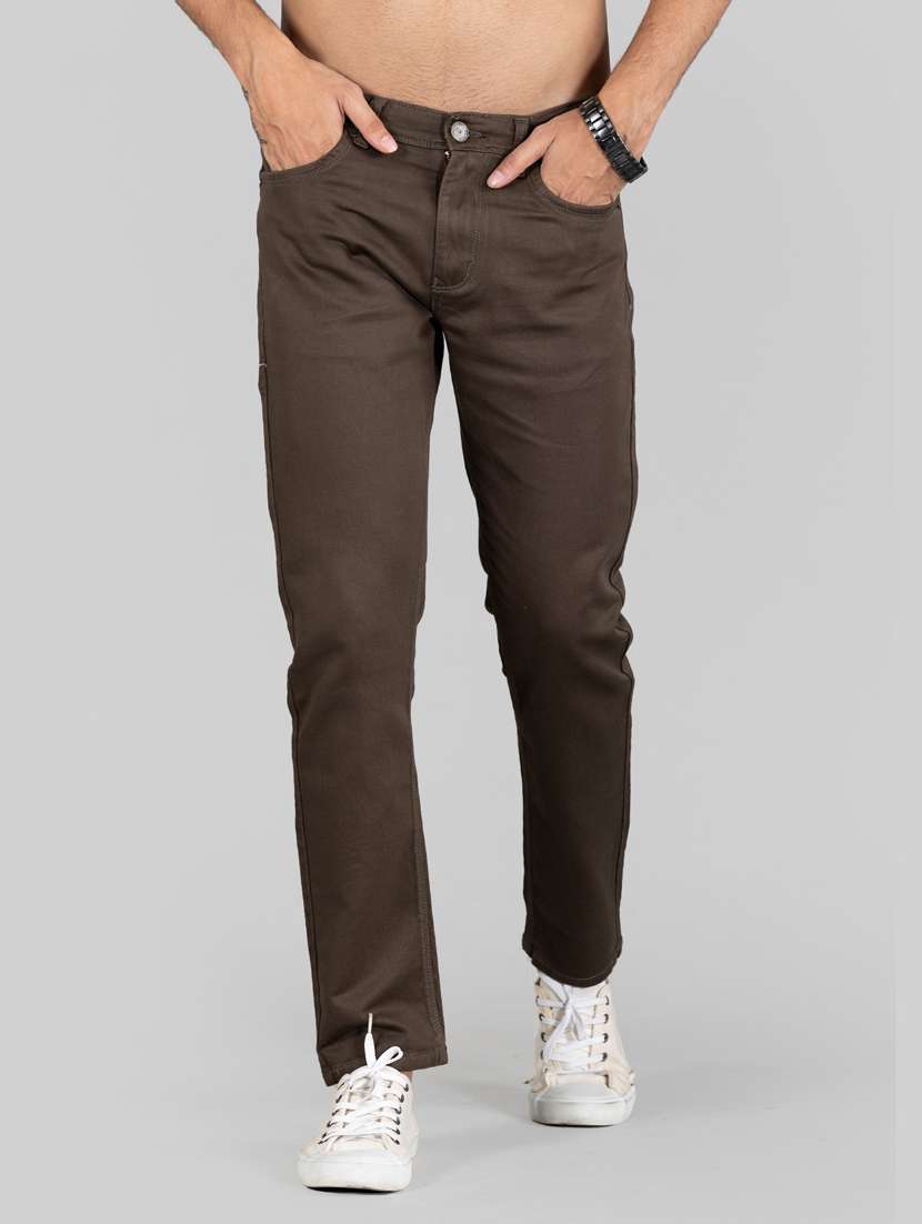 men solid taupe colored cotton blend ankle length jeans - 20449936 - Standard Image - 1