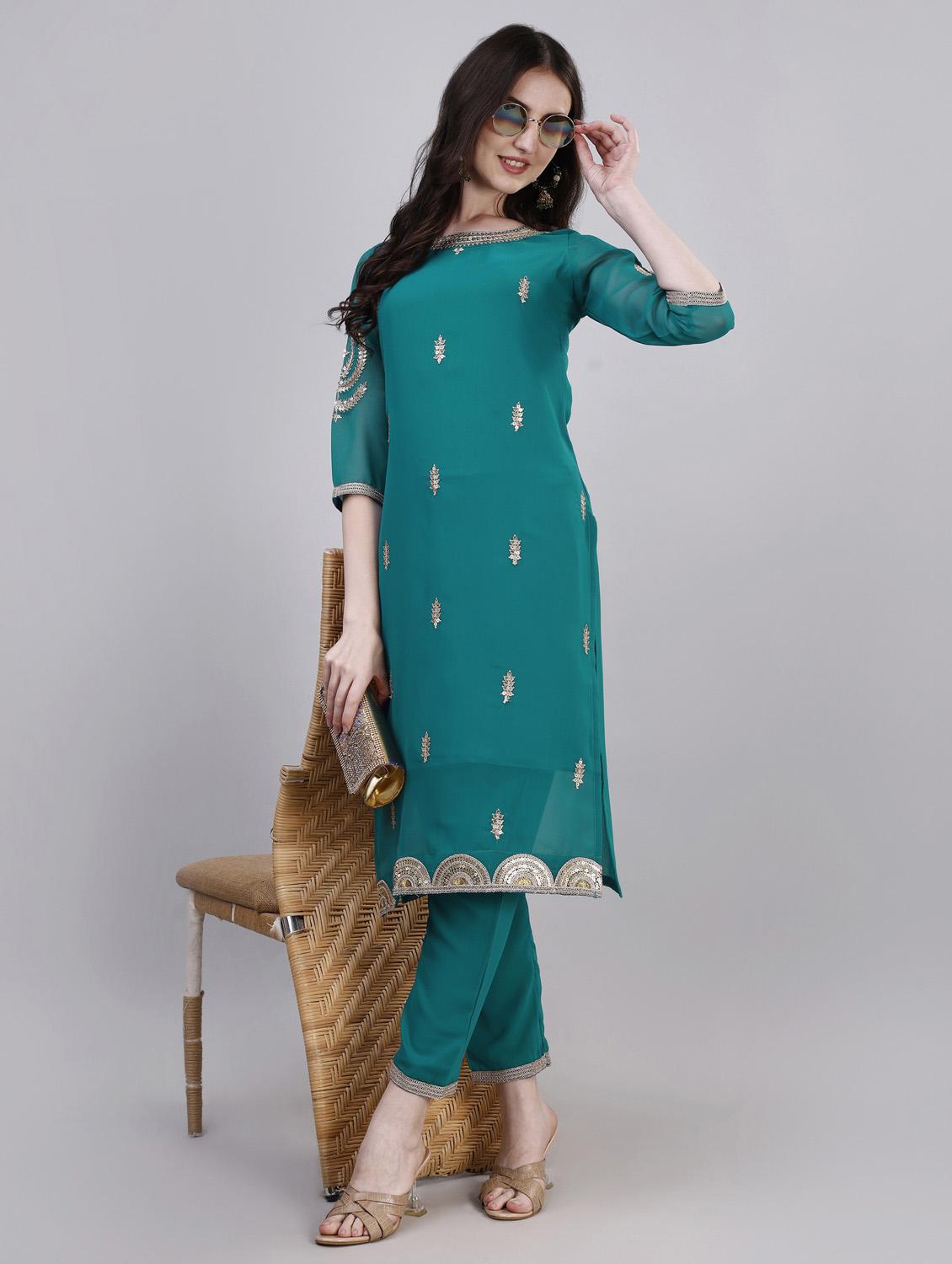 women teal round neck straight kurta - 20450622 -  Standard Image - 1