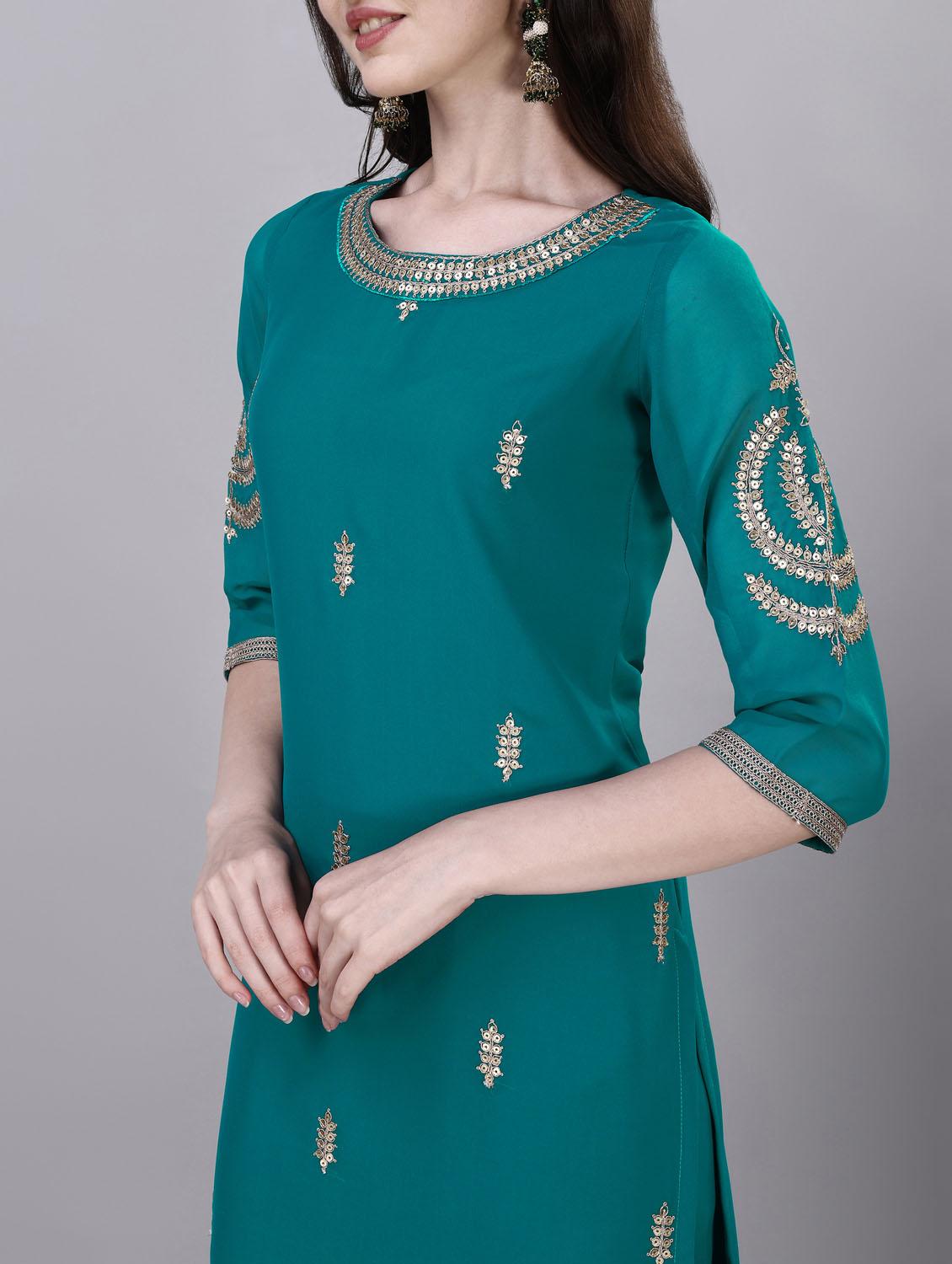 women teal round neck straight kurta - 20450622 - Standard Image - 4