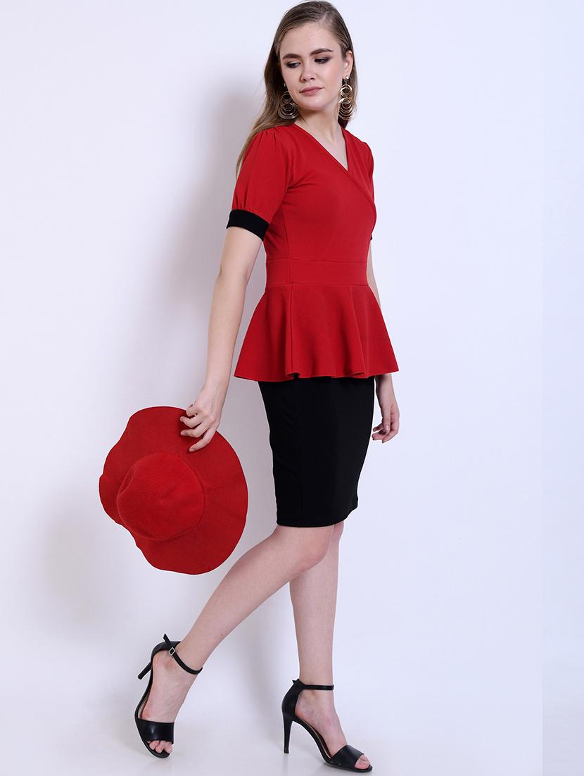 red and black color block peplum dress - 20451230 -  Standard Image - 1