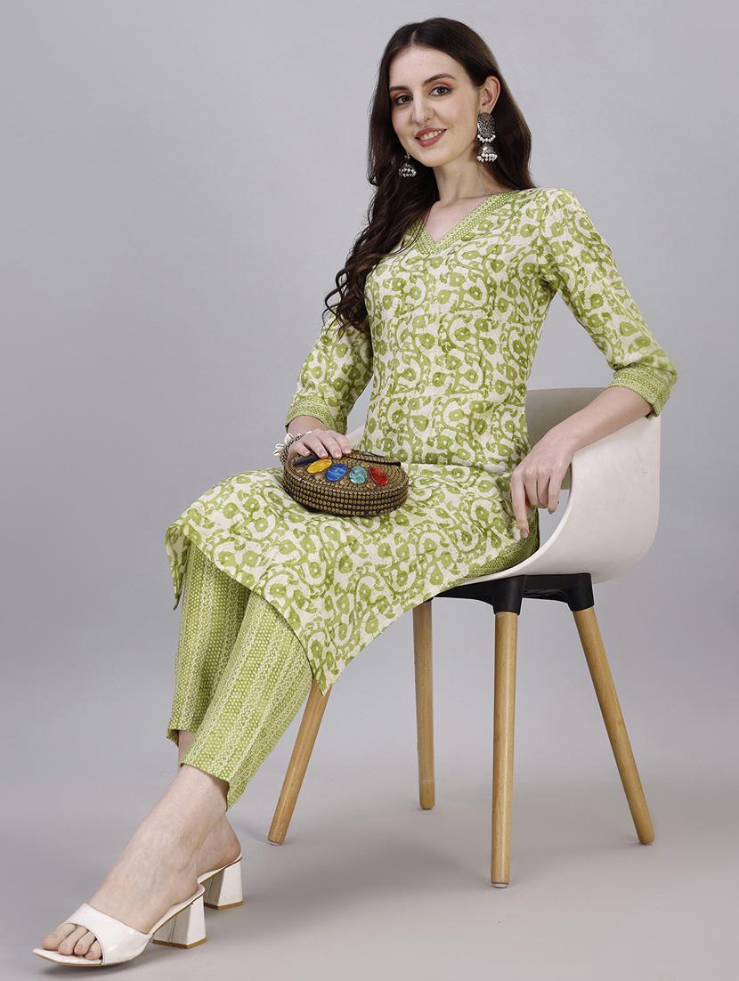 women green v neck kurta pant set - 20451385 - Standard Image - 1
