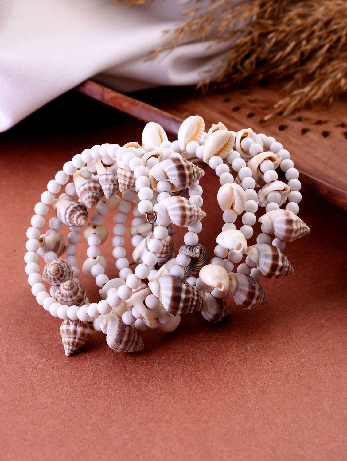 women silver tone white artificial beads cuff bracelet