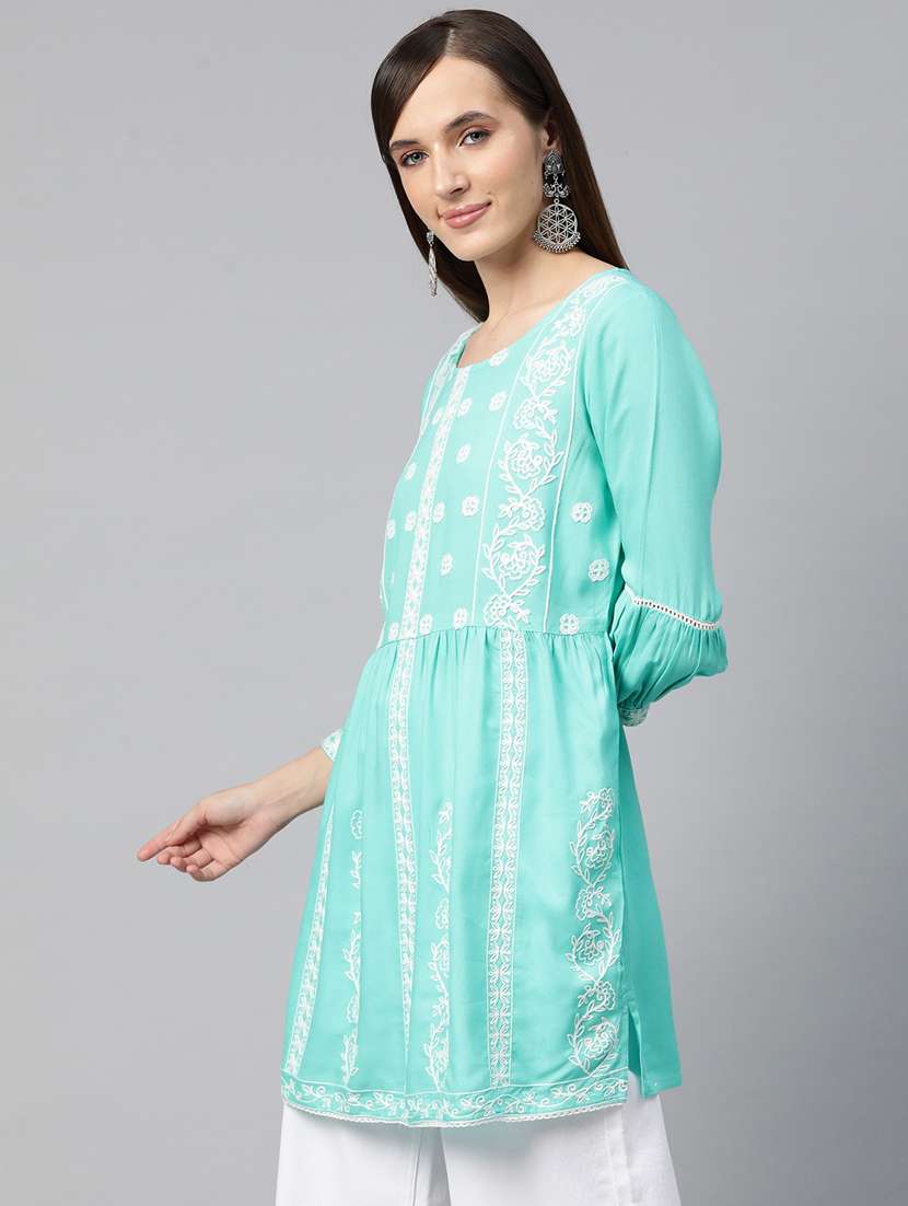 turquoise three quarter sleeve a-line kurti - 20451448 -  Standard Image - 1