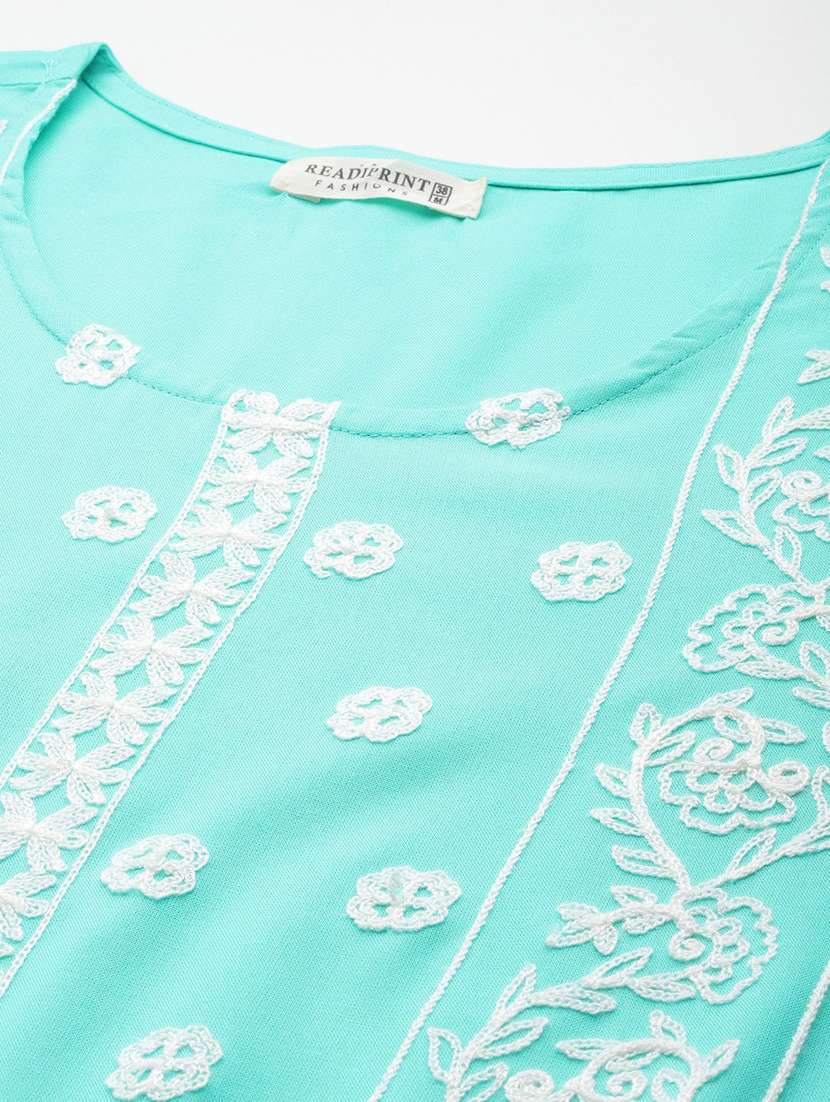 turquoise three quarter sleeve a-line kurti - 20451448 -  Standard Image - 4