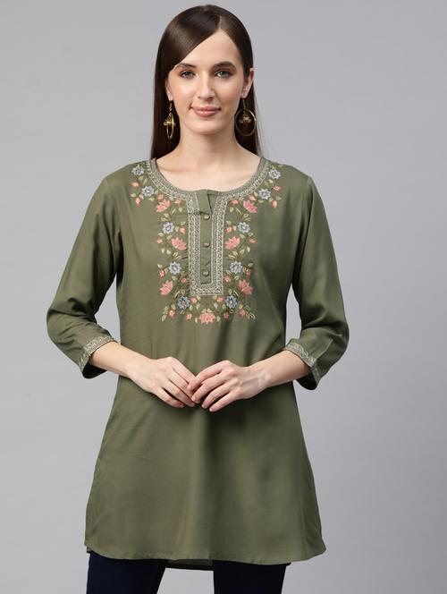 women olive round neck a-line kurti - 20451451 - Standard Image - 0