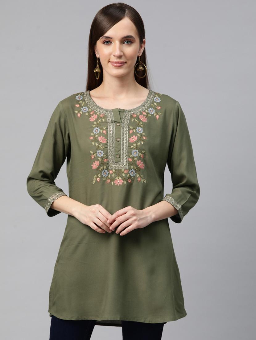 women olive round neck a-line kurti - 20451451 - Zoom Image - 0