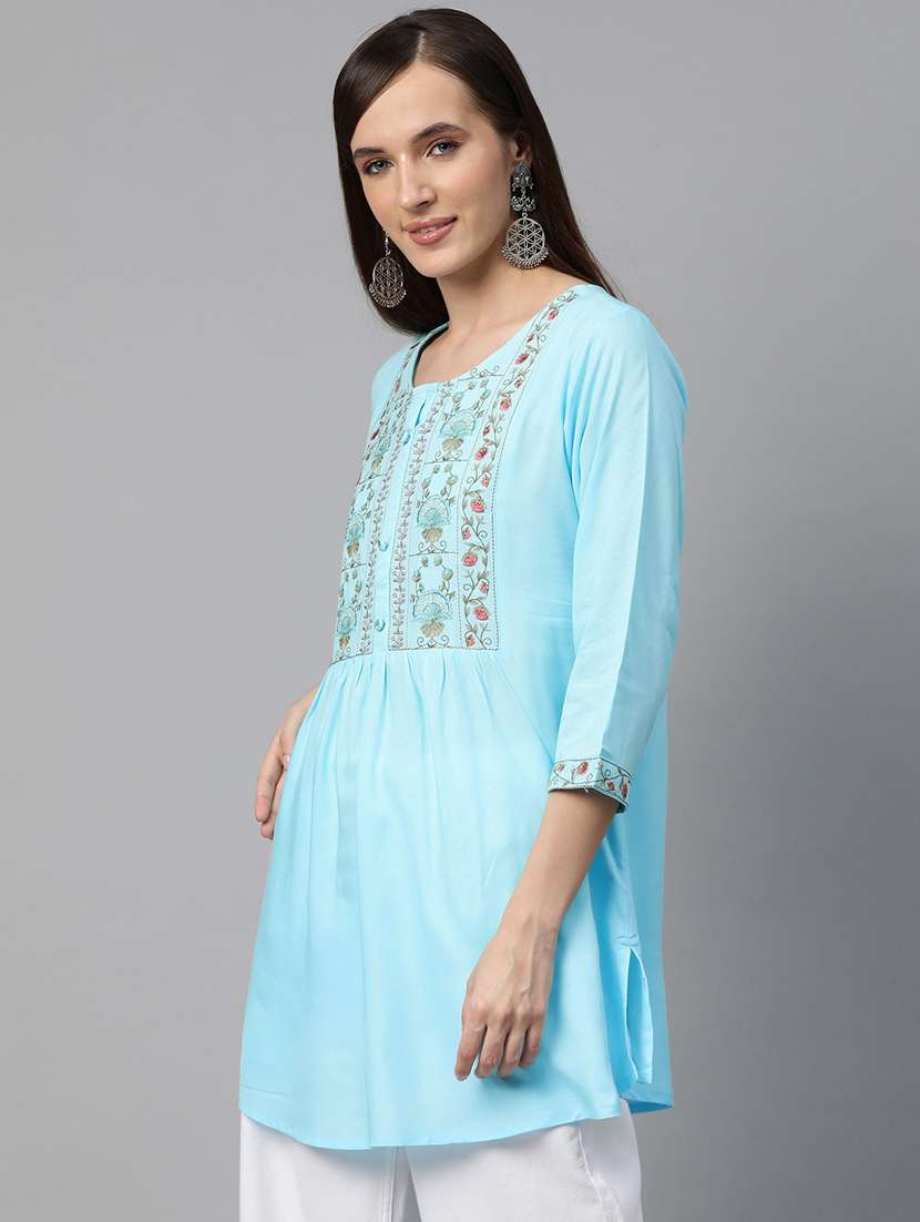 light blue three quarter sleeve a-line kurti - 20451456 -  Standard Image - 1