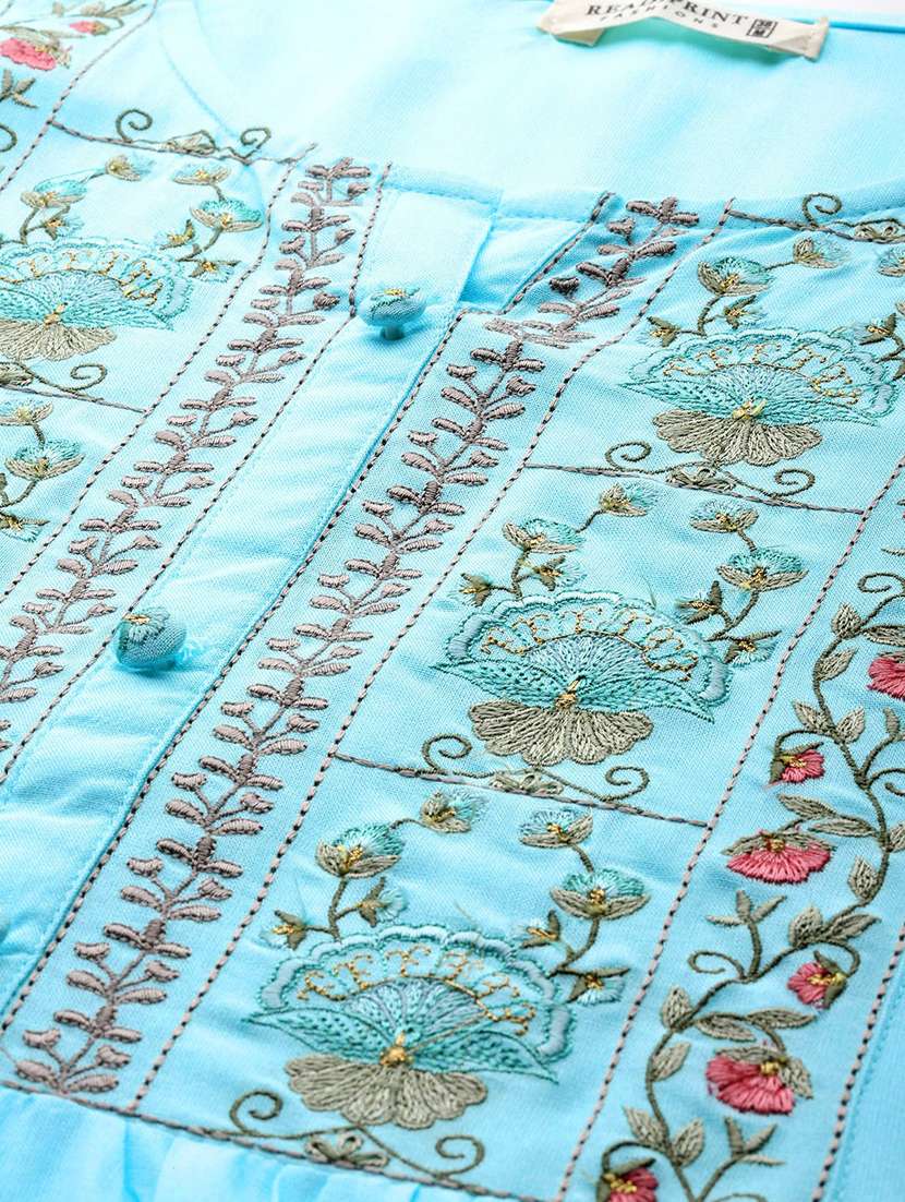 light blue three quarter sleeve a-line kurti - 20451456 -  Standard Image - 4