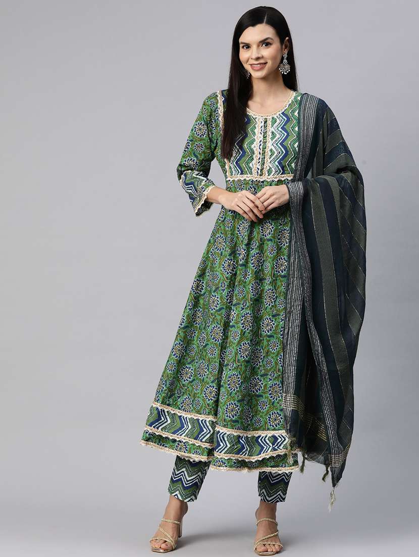 women three quarter sleeve anarkali kurta pant with dupatta set - 20451509 -  Standard Image - 1