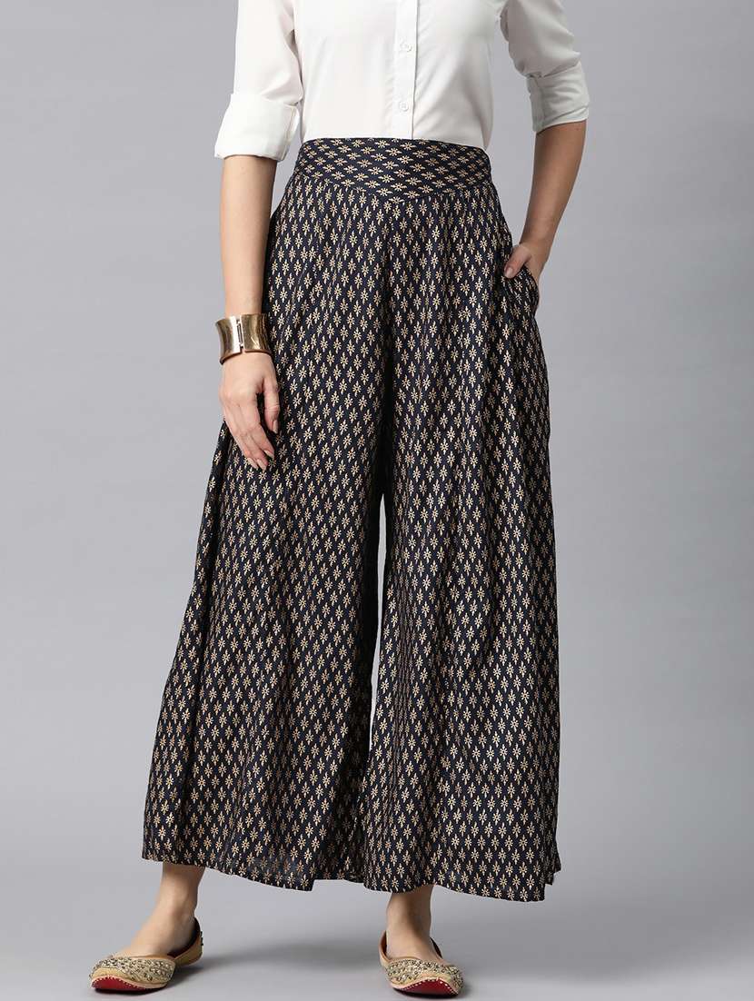 navy blue printed flared palazzo