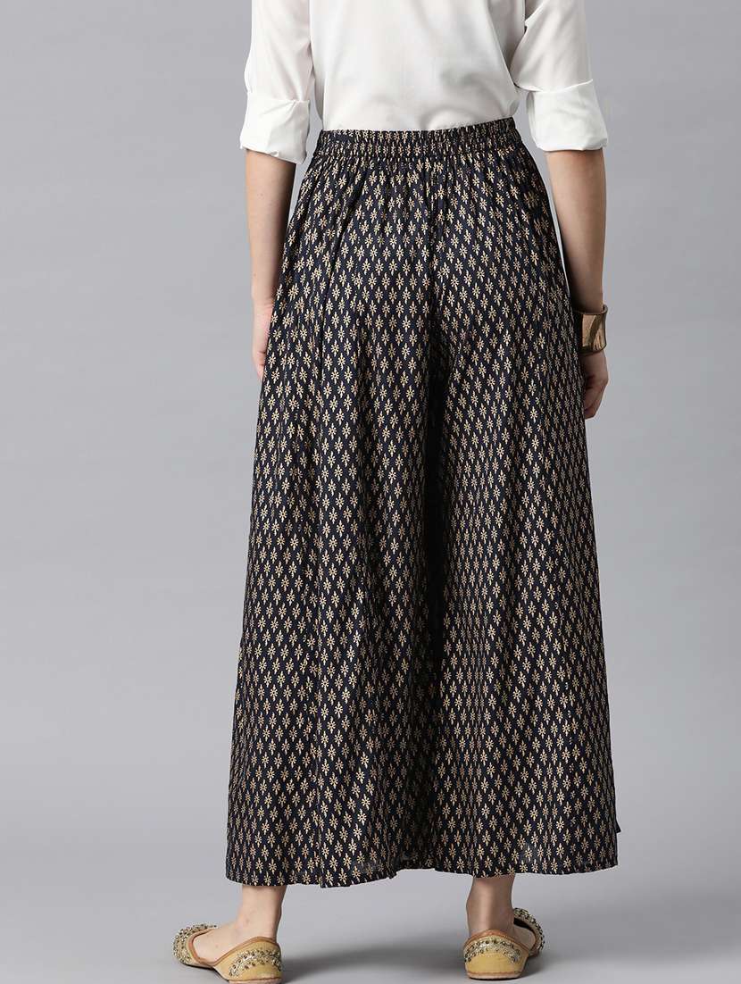 navy blue printed flared palazzo - 20451538 -  Standard Image - 1