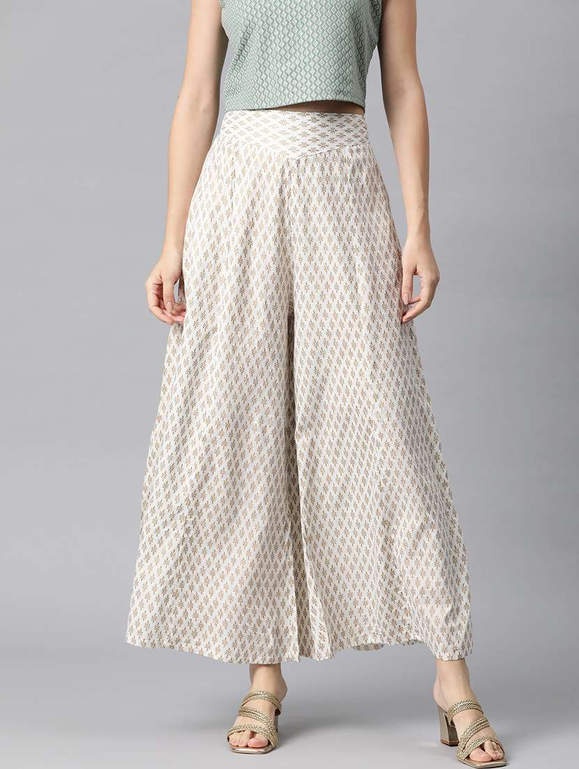 white printed flared palazzo