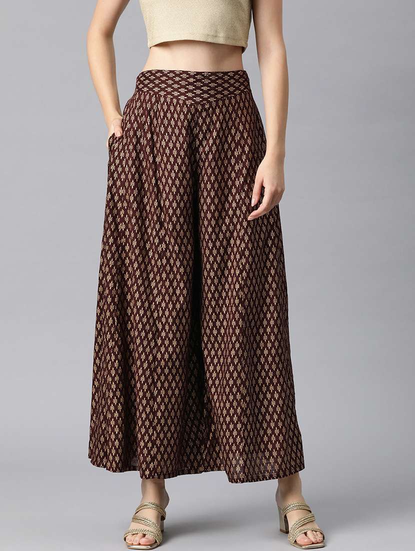 brown printed flared palazzo