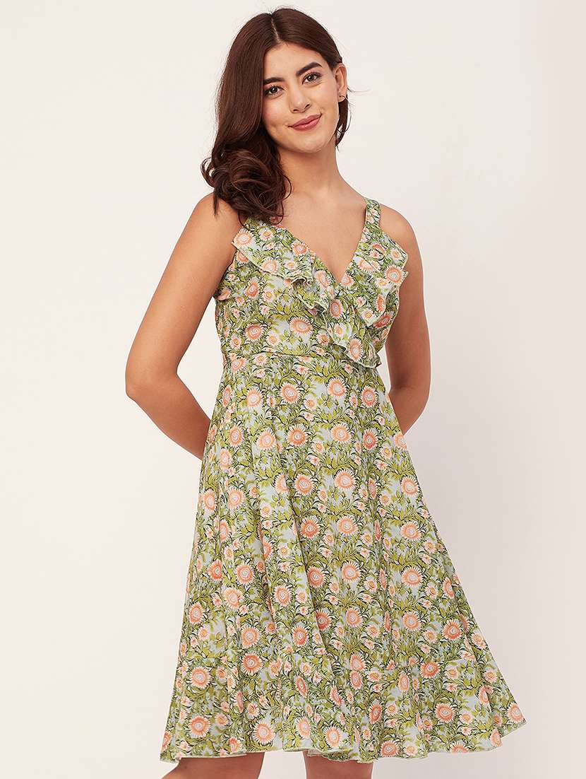 neo mint and green floral print a-line dress