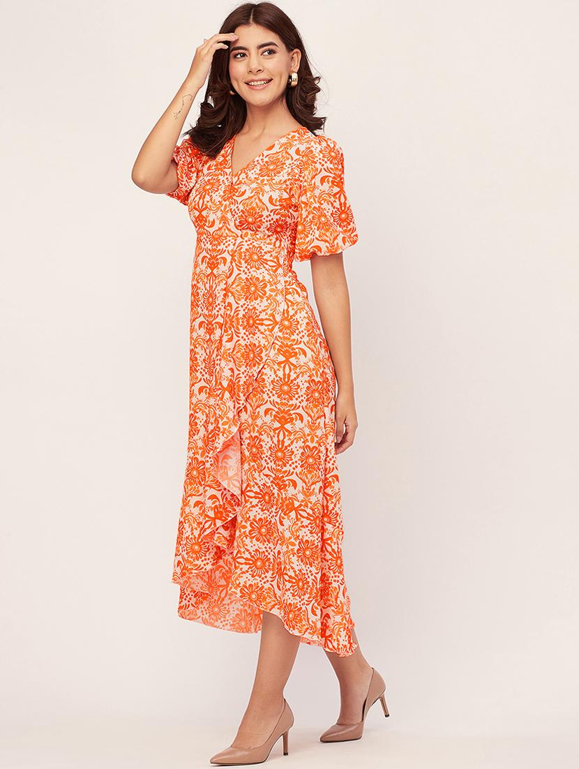 orange and white printed wrap dress - 20451550 - Standard Image - 1