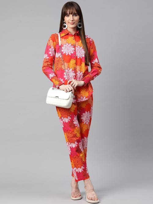 women orange floral print shirt collar co-ord sets - 20451564 -  Standard Image - 0