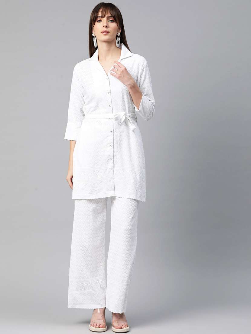 women white embroidered shirt collar co-ord sets