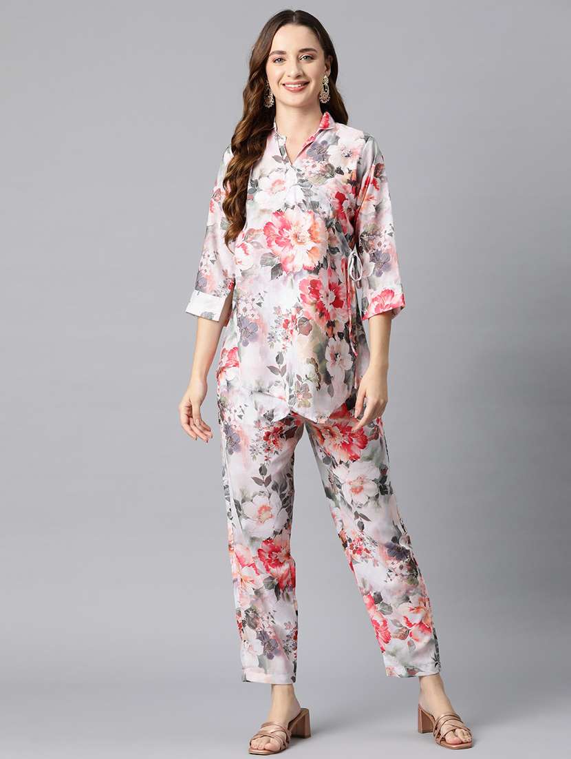 women multi color floral print shirt collar co-ord sets