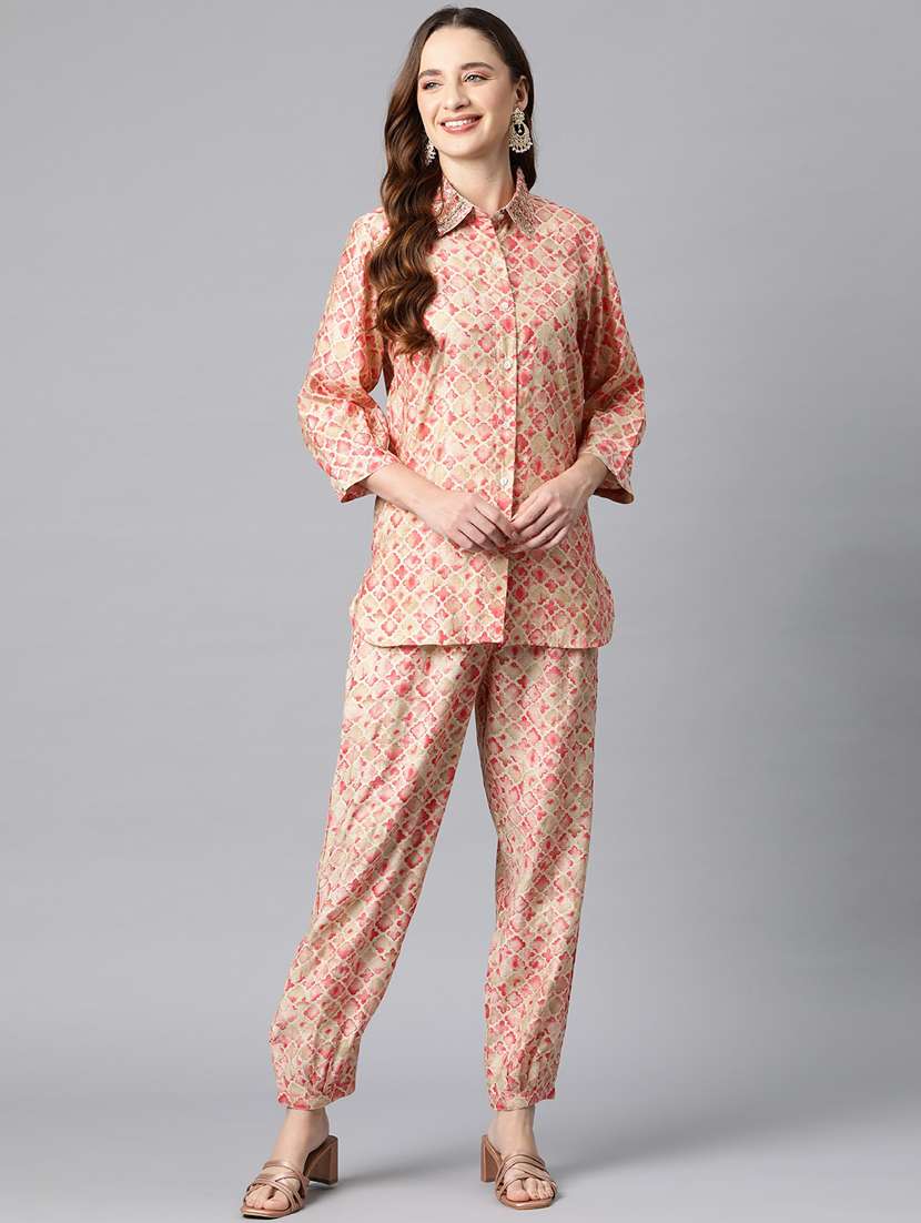 women pink geometric shirt collar co-ords sets - 20451582 -  Standard Image - 1