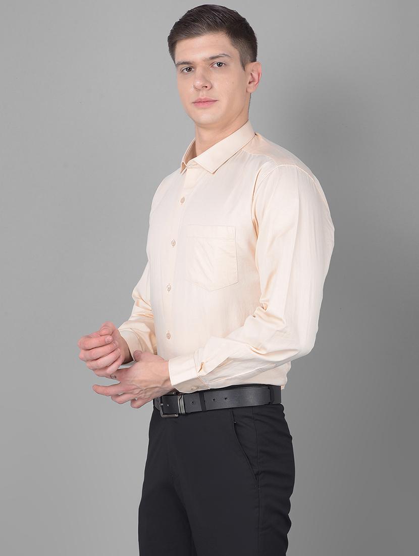men solid cream cotton blend formal shirt - 20455012 - Standard Image - 1