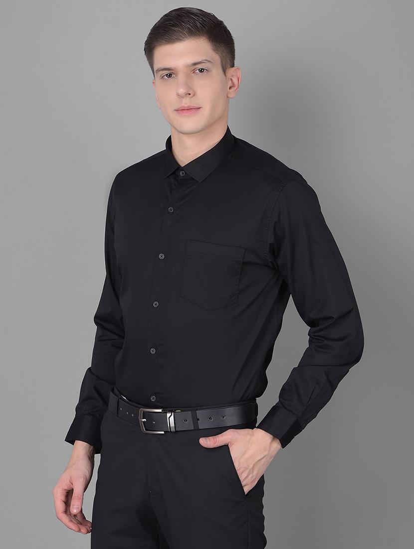 men solid black cotton blend slim fit formal shirt - 20455016 - Standard Image - 1