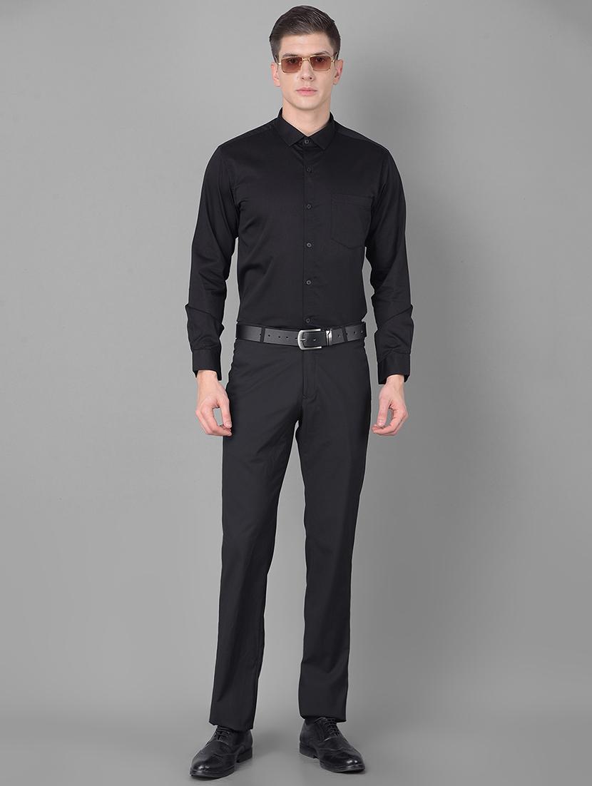 men solid black cotton blend slim fit formal shirt - 20455016 - Standard Image - 4
