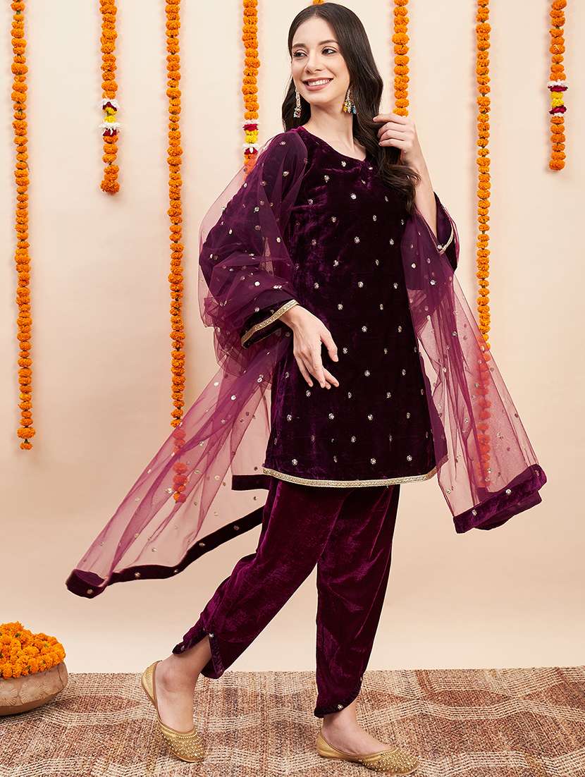 burgundy gota work kurta dupatta set - 20455152 -  Standard Image - 1