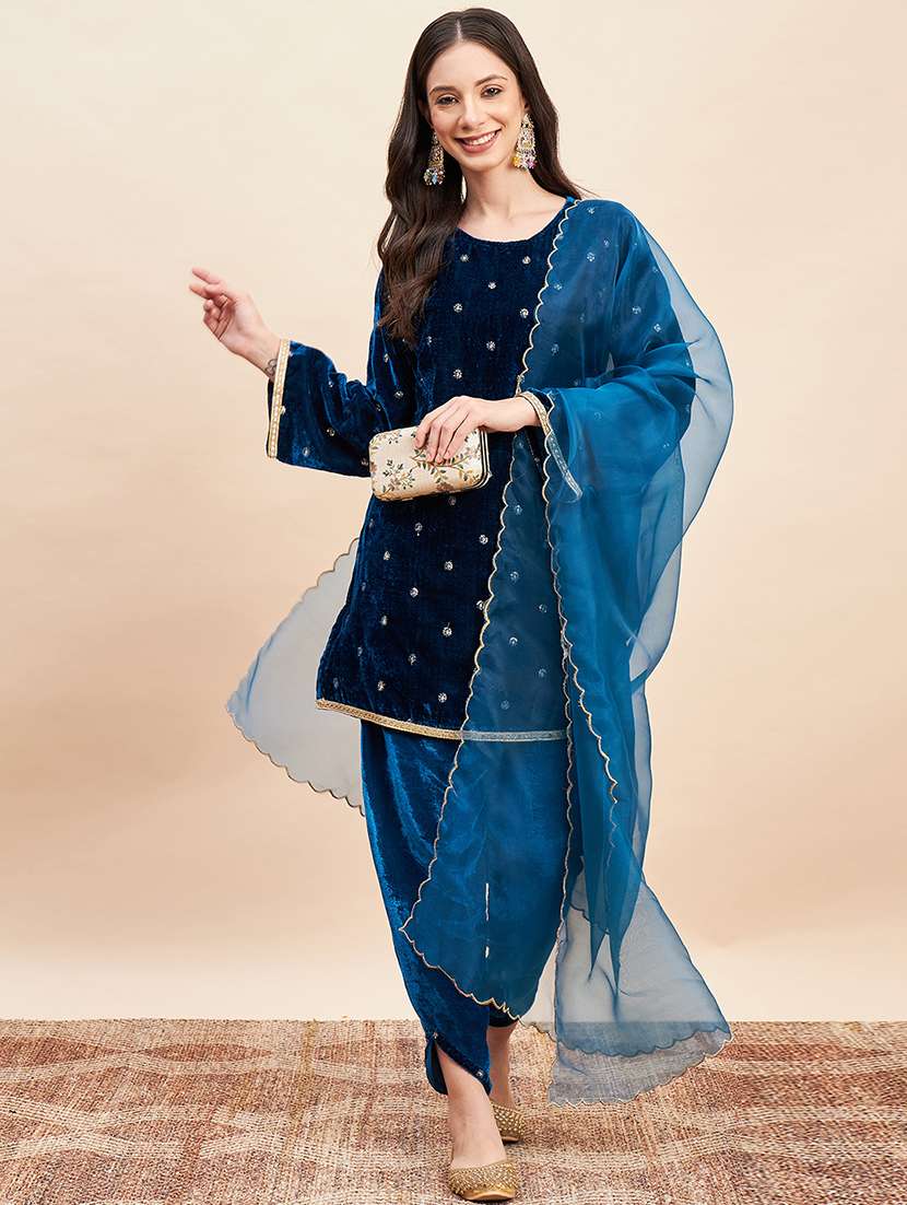 blue solid with work kurta dupatta  set