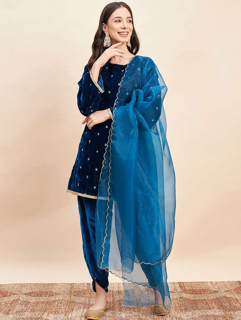 Blue Solid With Work Kurta Dupatta Set - 20455153 -  Standard Image - 1