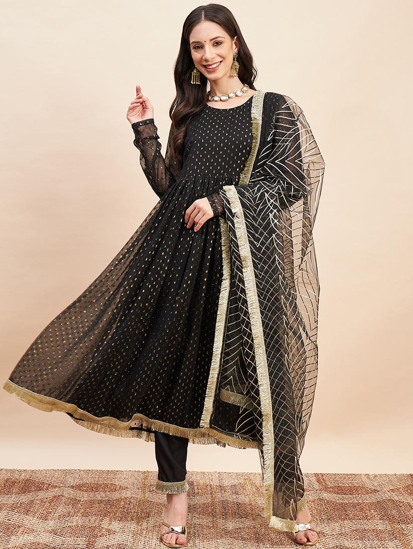 black solid with work kurta pant set - 20455155 -  Zoom Image - 0