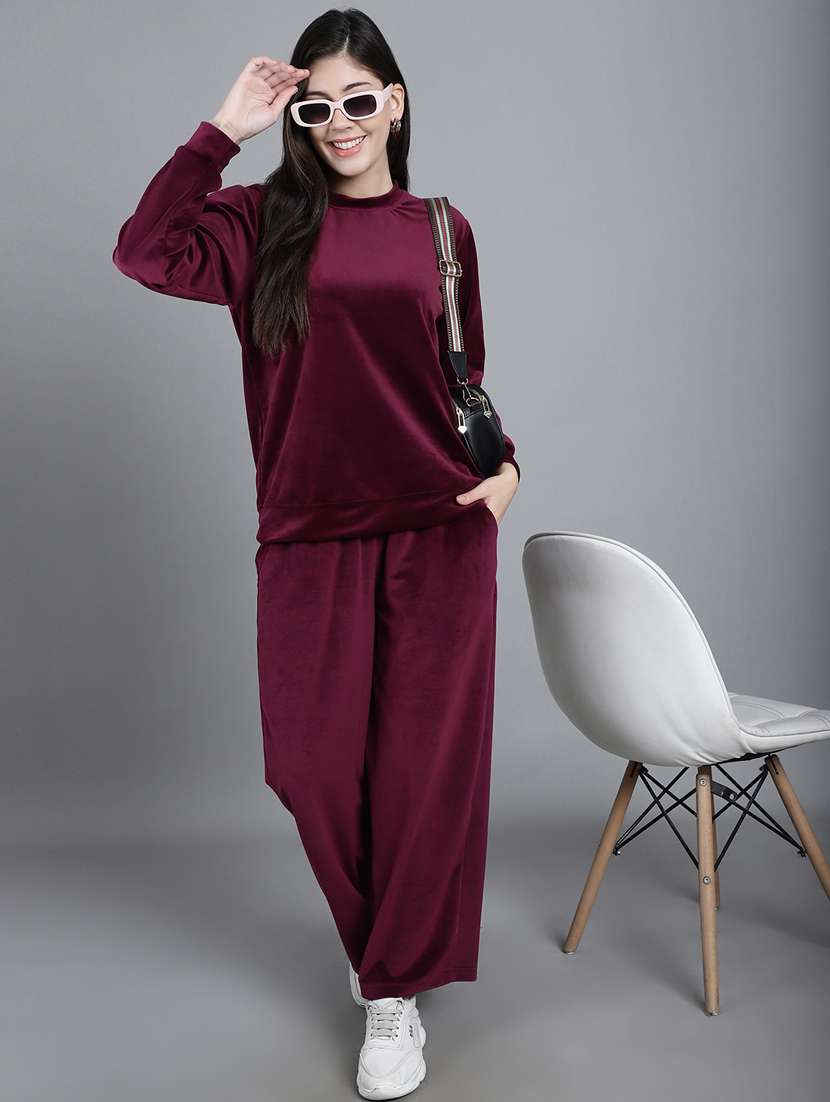 burgundy solid pyjama nightwear set - 20458013 -  Standard Image - 1