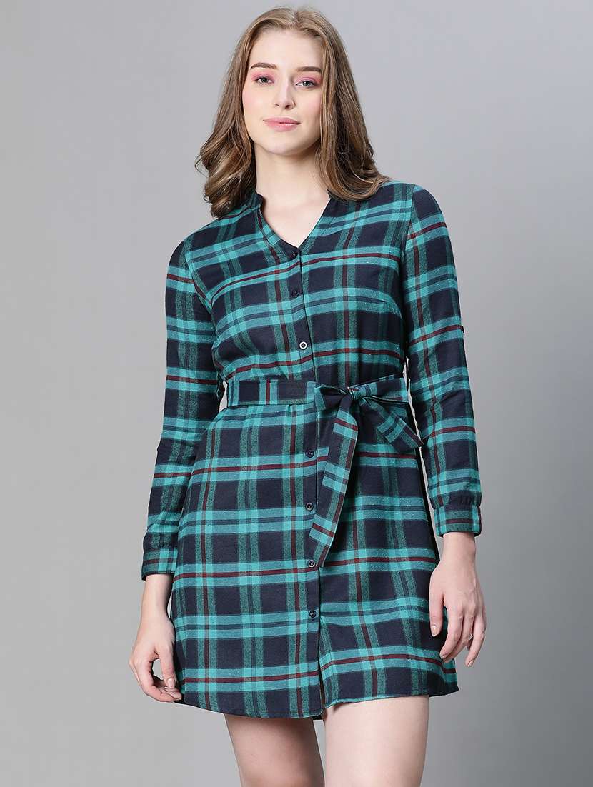 women navy blue checks shirt dress