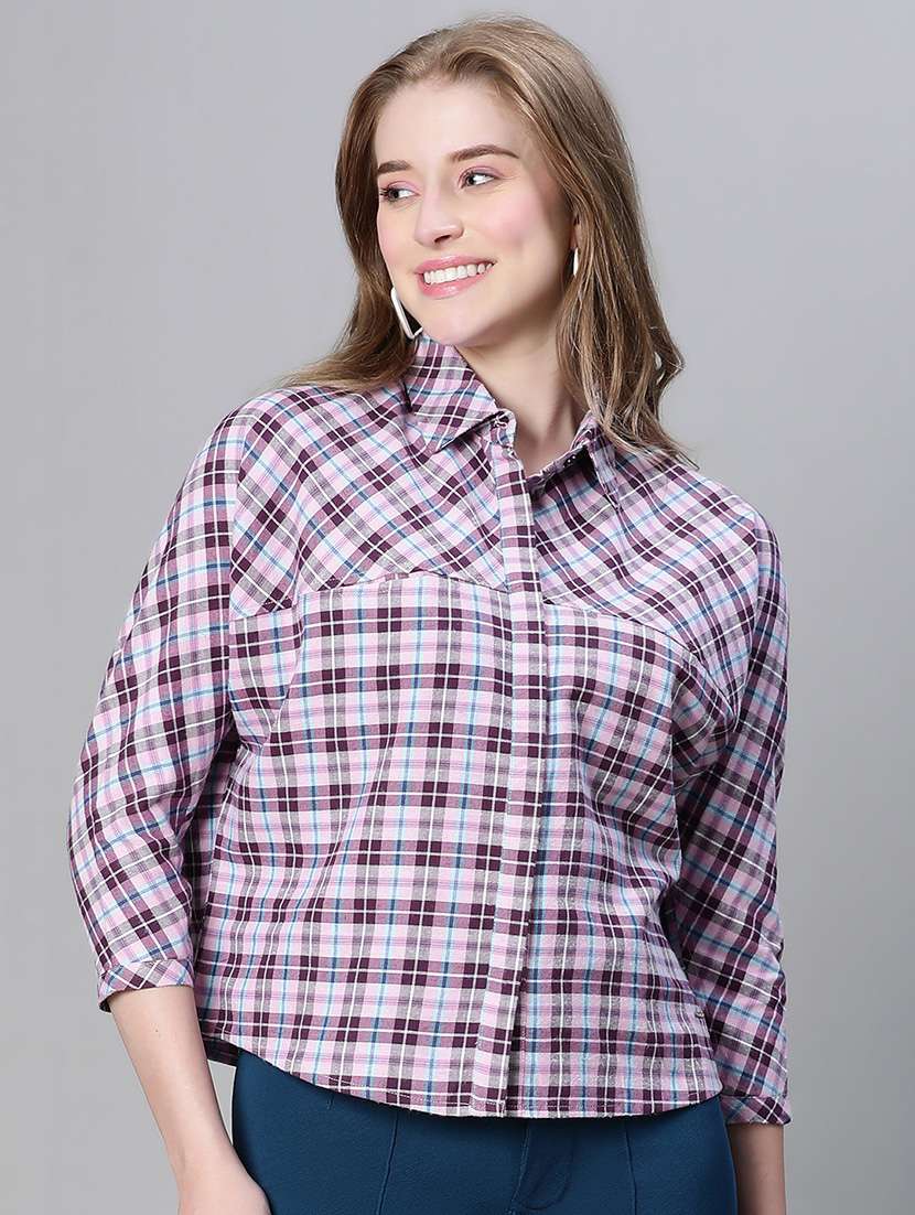 purple checkered boxy fit shirt