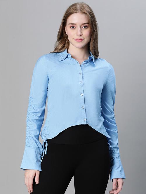 light blue solid ruched long sleeves shirt - 20458076 - Standard Image - 0