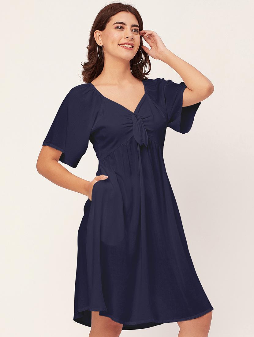 navy blue solid a-line dress with pocket - 20458138 - Standard Image - 1
